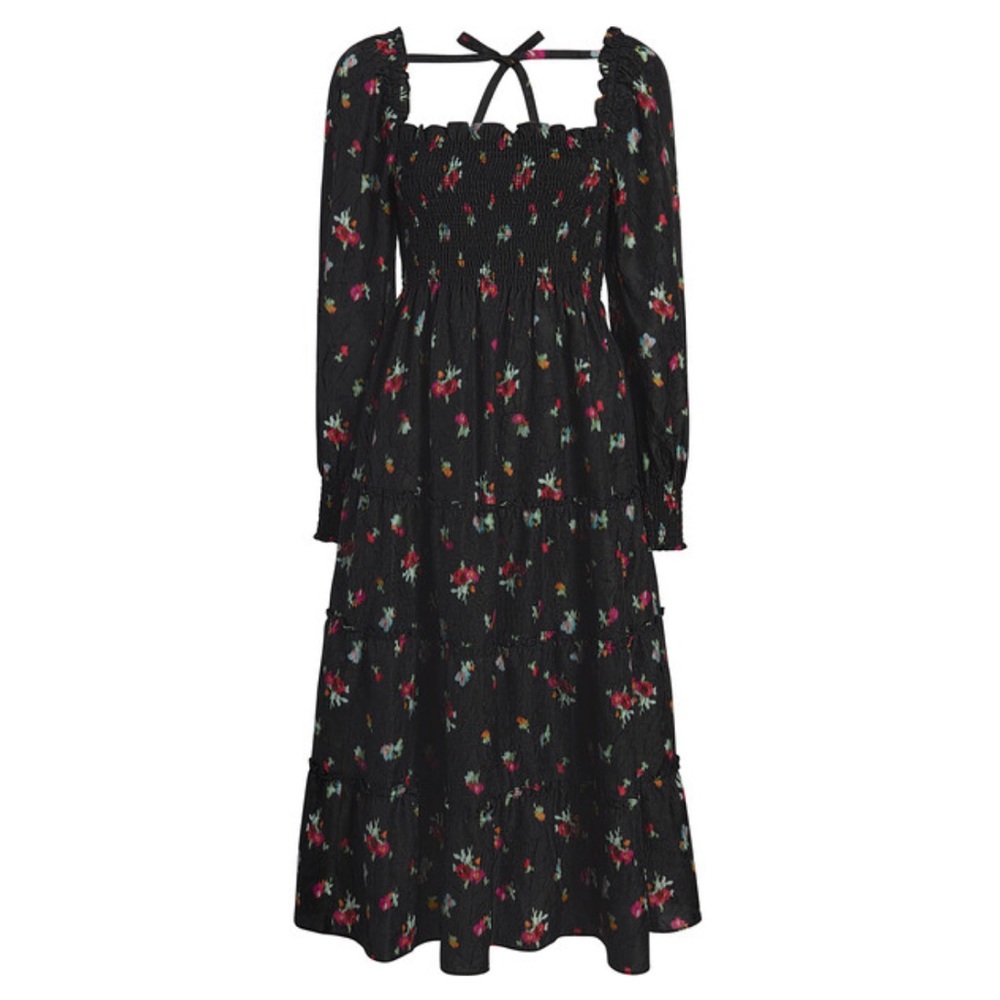 Hill house home Naomi nap dress black ikat floral pattern. Small. Long sleeve